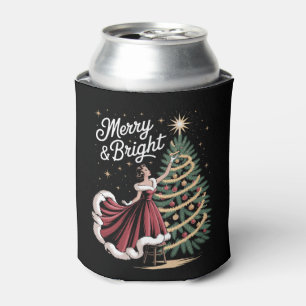 Merry And Bright Christmas Tree Vintage Lady Xmas Can Cooler