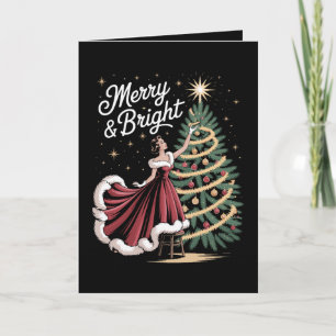 Merry And Bright Christmas Tree Vintage Lady Xmas Card