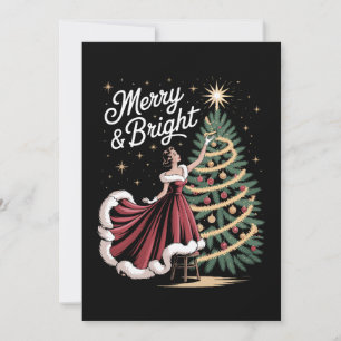 Merry And Bright Christmas Tree Vintage Lady Xmas Invitation