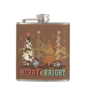 Merry And Bright Christmas Trees Boho Western Hip Flask