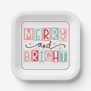 Merry and Bright Christmas Typography Paper Plate