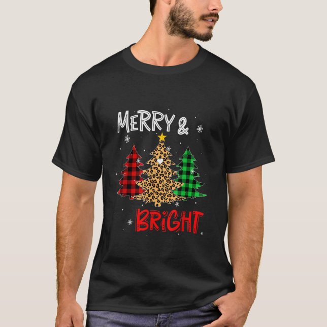Merry And Bright Christmas Wild Leopard Plaid Tree T-Shirt (Front)