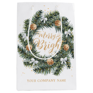 Merry and Bright Christmas Wreath Holiday Company  Medium Gift Bag