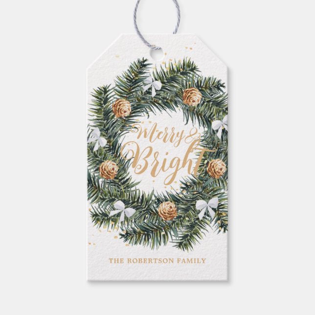 Merry and Bright Christmas Wreath Holiday Gift Tag (Front)
