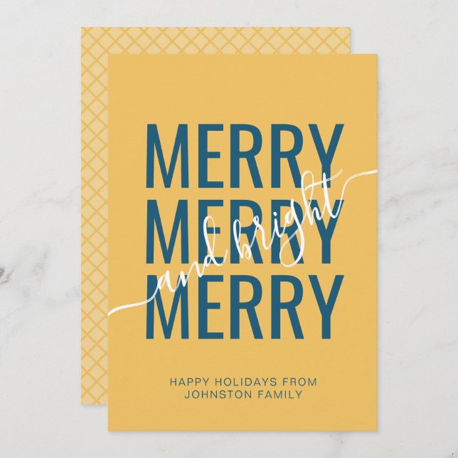 Merry and bright Christmas yellow chequered Holiday Card (Front/Back)