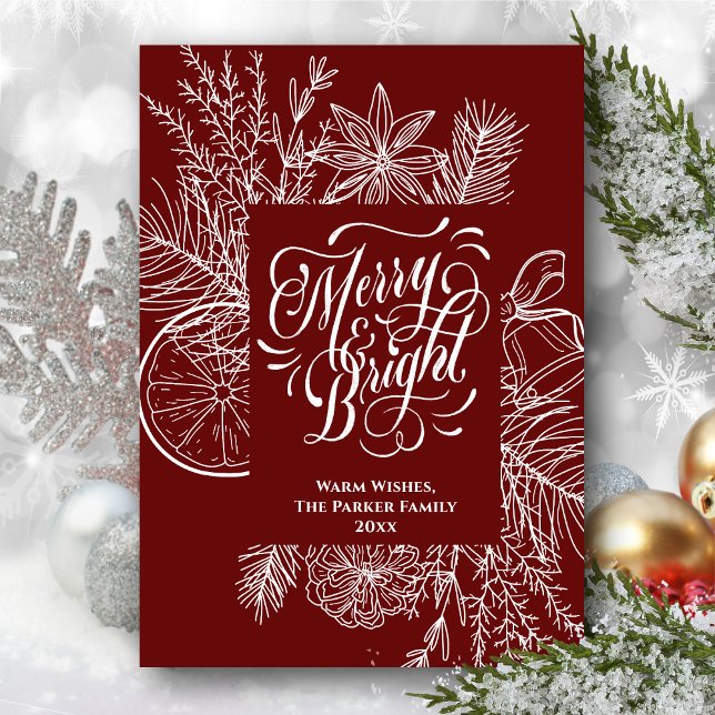 Merry and Bright Citrus Pine Tree Bough Red Simple Holiday Card (Creator Uploaded)