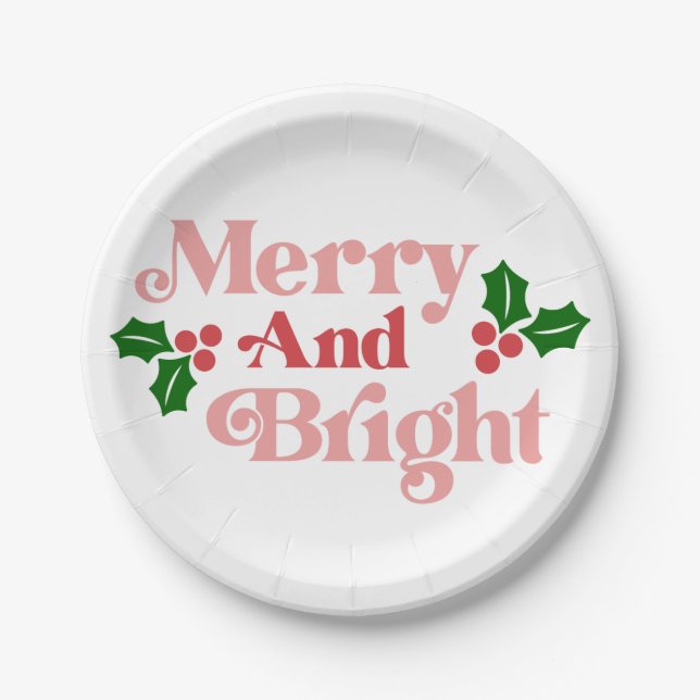Merry and Bright - Classic Holiday Typography Paper Plate (Front)