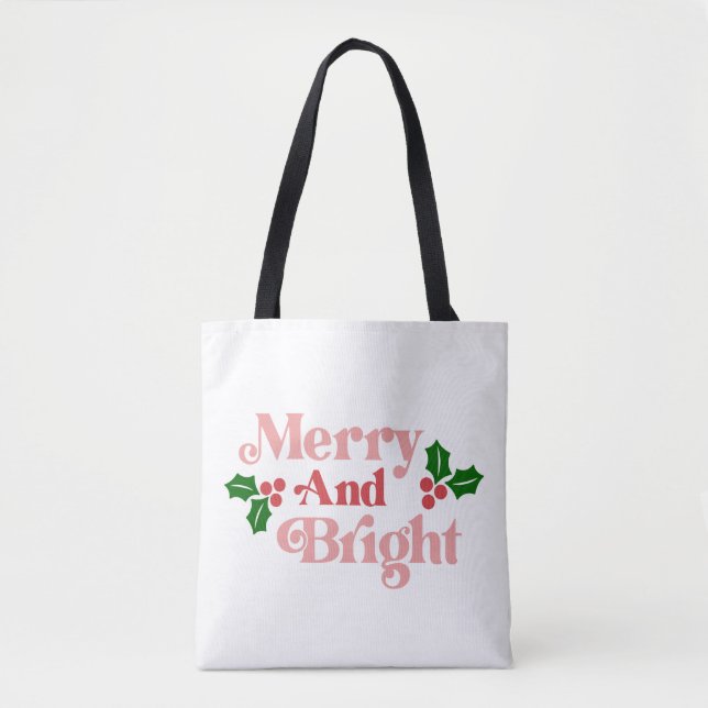 Merry and Bright - Classic Holiday Typography Tote Bag (Front)