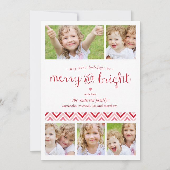 Merry and Bright Collage Holiday Photo Card - Red (Front)