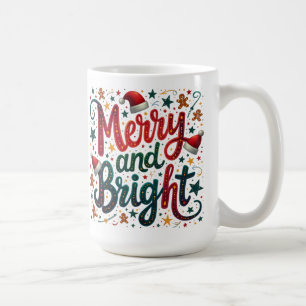 Merry and Bright Colorful Festive Retro Typography Coffee Mug