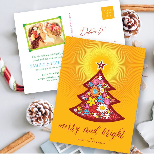 Merry And Bright Colorful Flowers Christmas Tree Holiday Postcard (Creator Uploaded)