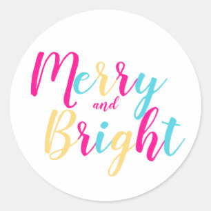 Merry and Bright Colorful Script Christmas Classic Round Sticker