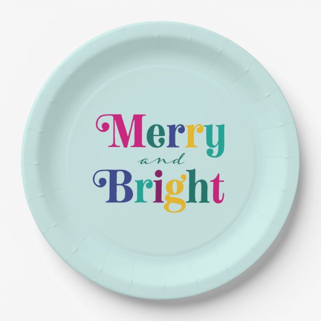 Merry and Bright Colourful Christmas Holiday Party Paper Plate (Front)