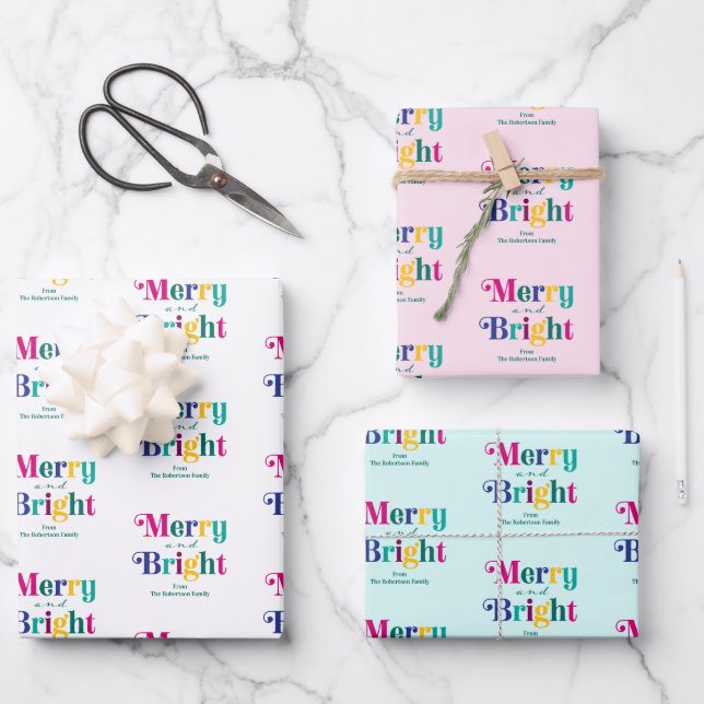 Merry and Bright Colourful Christmas Holiday Wrapping Paper Sheet (Front)