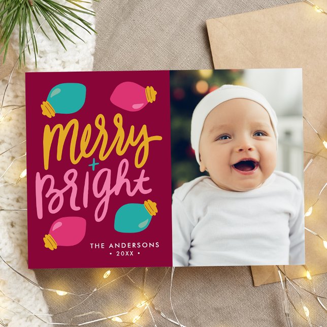 Merry and Bright Colourful Christmas Lights Photo Holiday Card (Creator Uploaded)