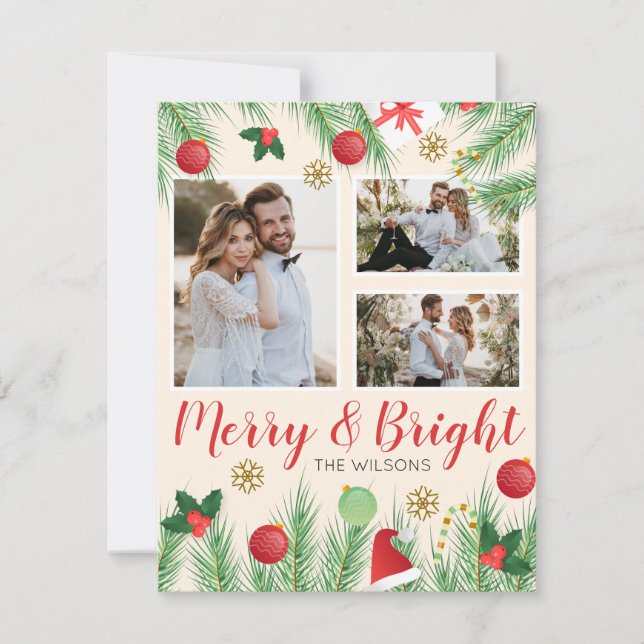 Merry and Bright Colourful Christmas Photo Collage Holiday Card (Front)