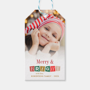 merry and bright colourful christmas photo holiday gift tags