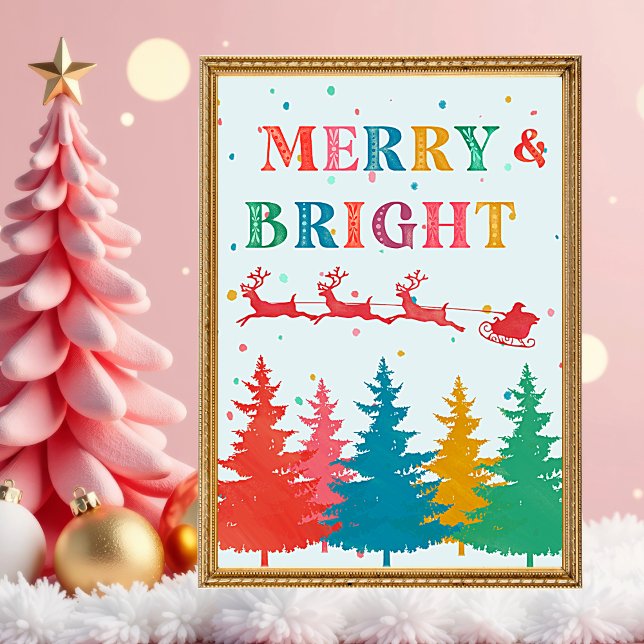 Merry and Bright Colourful Christmas  Poster (Merry and Bright Colorful Christmas wall art. Hand painted typography and holiday details.)
