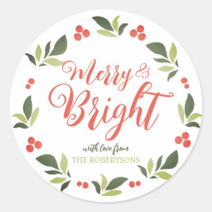 Merry and Bright Colourful Christmas Wreath Sticke Classic Round Sticker