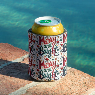 Merry and Bright Colourful Festive Retro Typograph Can Cooler