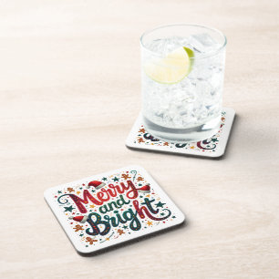Merry and Bright Colourful Festive Retro Typograph Coaster