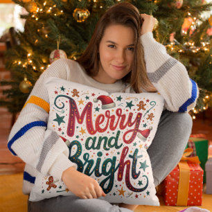 Merry and Bright Colourful Festive Retro Typograph Cushion