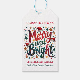 Merry and Bright Colourful Festive Retro Typograph Gift Tags