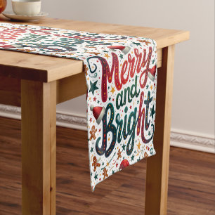 Merry and Bright Colourful Festive Retro Typograph Short Table Runner