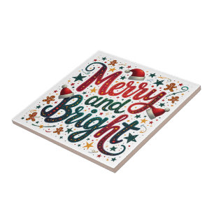 Merry and Bright Colourful Festive Retro Typograph Tile