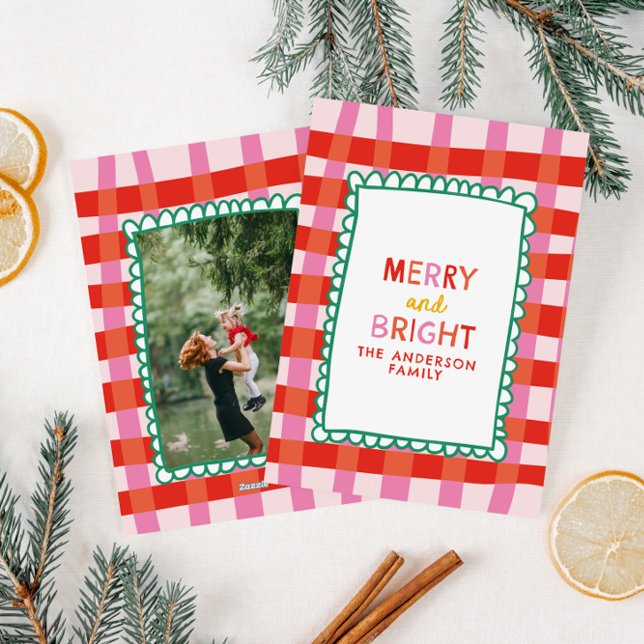 Merry and Bright Colourful Gingham custom name Holiday Card (Creator Uploaded)