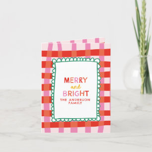 Merry and Bright Colourful Gingham custom name Holiday Card