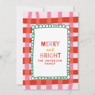 Merry and Bright Colourful Gingham custom name Holiday Card