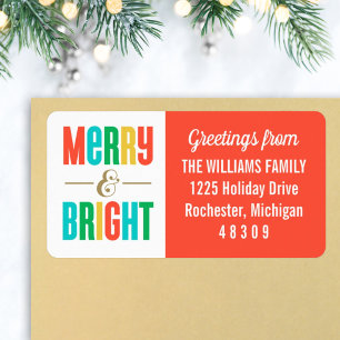 Merry and Bright Colourful Gold Holiday Address Label