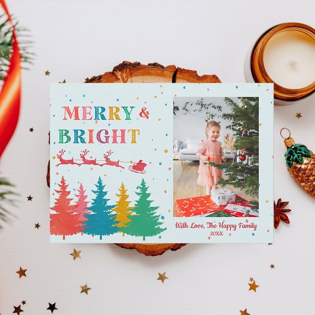 Merry and Bright Colourful Photo Christmas Holiday Card (Merry and Bright Colorful photo Christmas Greeting Card. Easy to personalize)