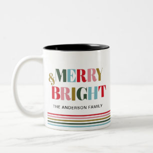 Merry and Bright Colourful Retro Family Photo Gift Two-Tone Coffee Mug