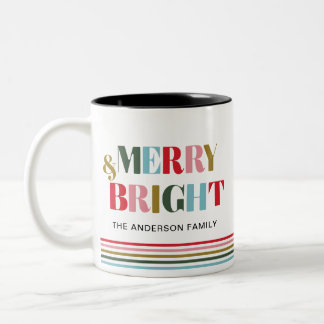 Merry and Bright Colourful Retro Family Photo Gift Two-Tone Coffee Mug