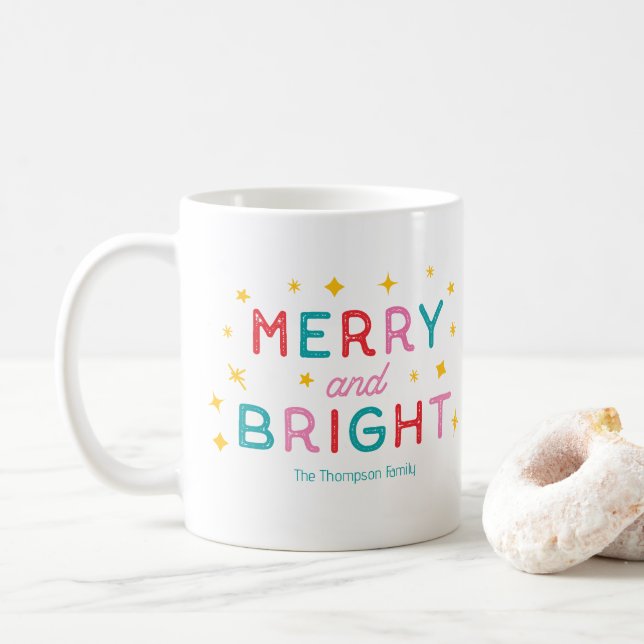 Merry and Bright Colourful Retro Name Christmas Mu Coffee Mug (With Donut)
