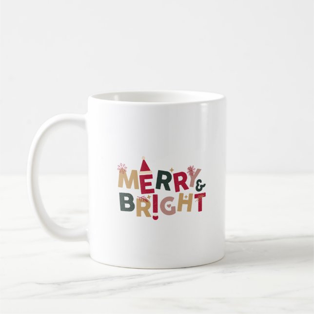 Merry and Bright Colourful Retro Typography Coffee Mug (Left)