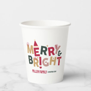 Merry and Bright Colourful Retro Typography Paper Cups