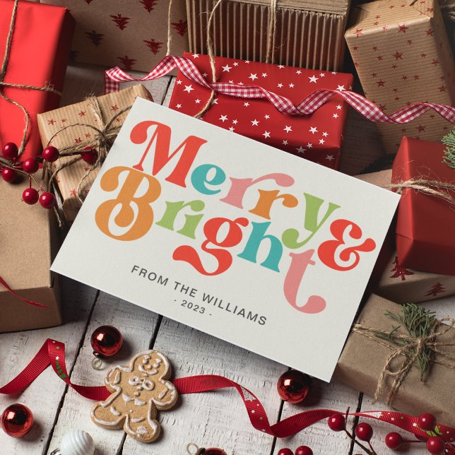 Merry And Bright Colourful Retro Vibes Christmas Holiday Card (Creator Uploaded)