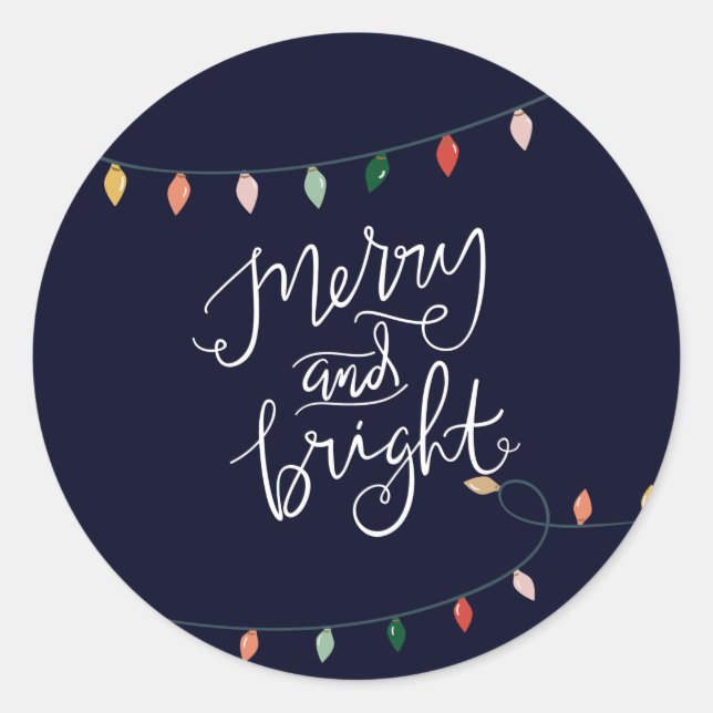 Merry and Bright Colourful String of Lights Blue Classic Round Sticker (Front)