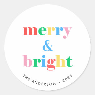 Merry and Bright Colourful Typography Christmas Classic Round Sticker