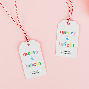 Merry and Bright Colourful Typography Christmas Gift Tags