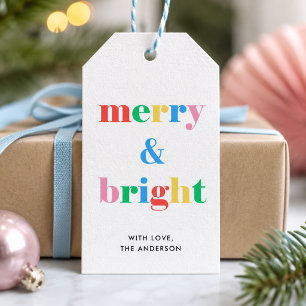 Merry and Bright Colourful Typography Christmas Gift Tags