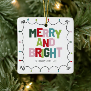 Merry and Bright Colourful Typography Named  Ceramic Ornament