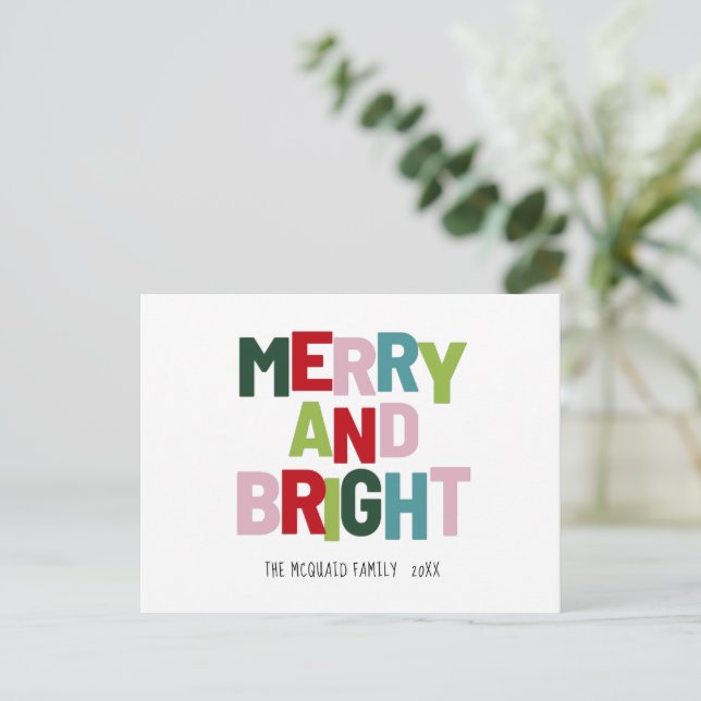 Merry and Bright Colourful Typography Named   Holiday Postcard (Standing Front)