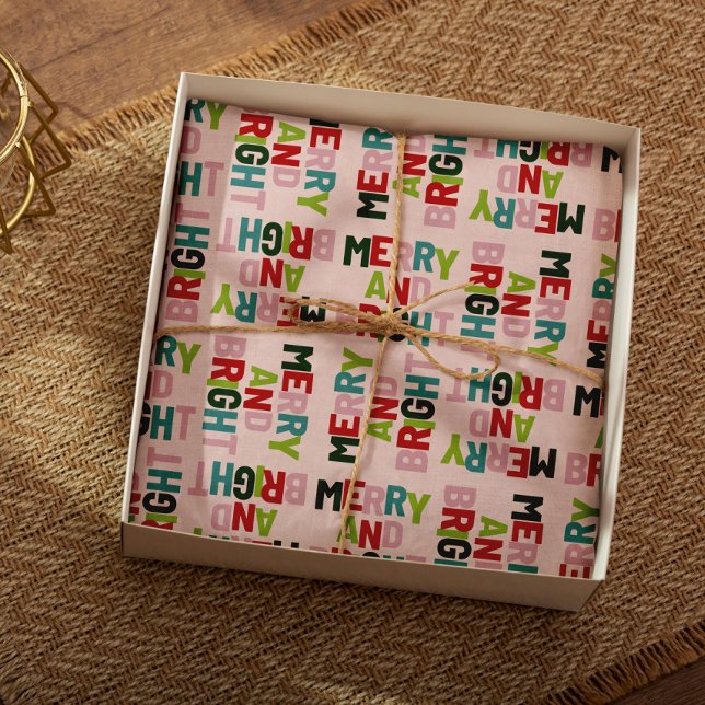 Merry and Bright Colourful Typography  Wrapping Paper Sheet (Creator Uploaded)