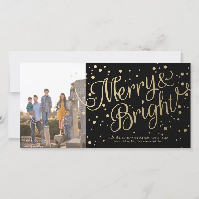 Merry and Bright Confetti Photo Card Black (Front)