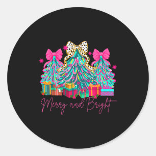 Merry And Bright Coquette Bow Christmas Tree Women Classic Round Sticker