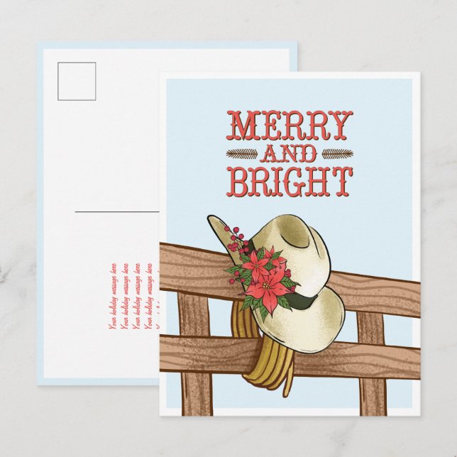Merry And Bright Cowboy Hat with Flowers Christmas Announcement Postcard (Front/Back)